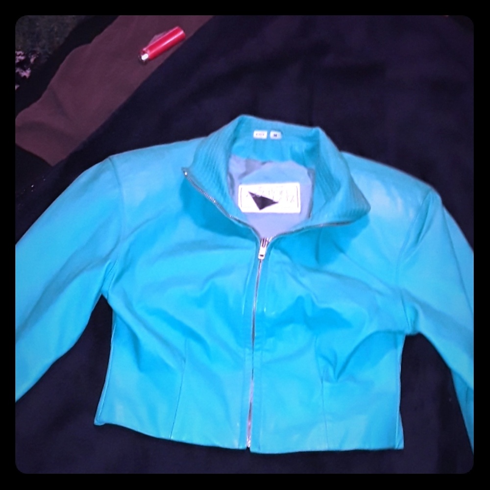 Crop Teal vintage leather jacket by Yucation bay!